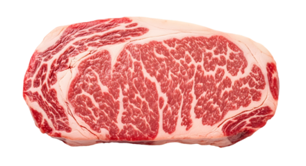 A raw steak slice with marbling on white background.