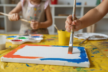 Children painting canvas with bright colors in art class activity