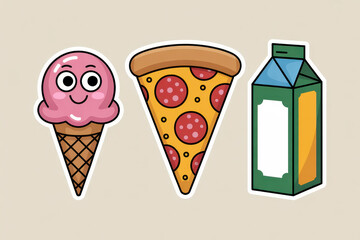 Cute cartoon stickers featuring ice cream cone pizza slice and juice box on beige background