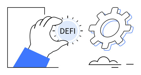 Hand reaches for a DeFi coin, accompanied by a gear and cloud, symbolizing financial innovation, blockchain, fintech, collaboration, technology, progress and digital economy. A simple flat metaphor