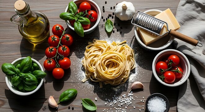 Italian Pasta Ingredients - Fresh Tomatoes, Basil, and Parmesan Cheese.