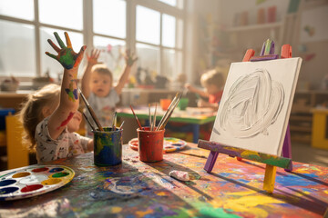 Children enjoying creative art activities in vibrant classroom setting