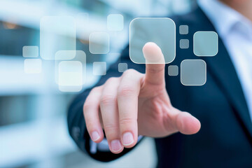 A hand touching a virtual screen with multiple transparent squares on it