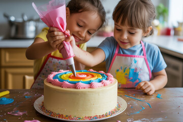 Children decorating rainbow cake together in a vibrant kitchen setting