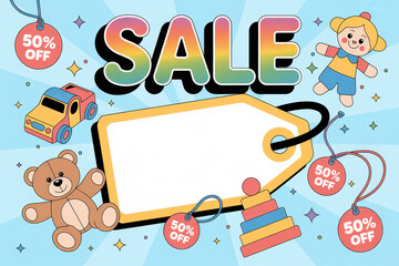 Colorful sale banner with toys and discount tags for kids' items promotion