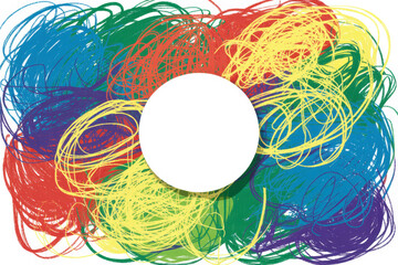 Abstract colorful scribbles with central white circle design art