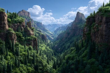 Obraz premium Majestic Mountain Valley Vista, Lush Green Forests, Rugged Cliffs, Dramatic Sunlight, Serene Nature Landscape