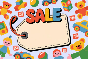 Colorful toy sale banner with 50% discount, bears, and cars highlights