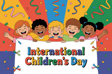 Celebrating international children's day with joyful multicultural children and colorful confetti