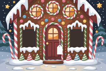 Festive gingerbread house at night with snow and candy decorations