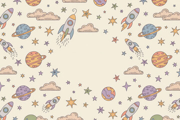 Whimsical space pattern with rockets, planets, and stars in pastel colors