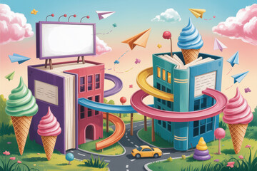 Whimsical wonderland with ice cream, books, and paper airplanes in colorful fantasy landscape