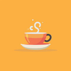 Obraz premium A minimalist flat design illustration of a steaming hot cup of coffee or tea on a saucer against a solid orange background.