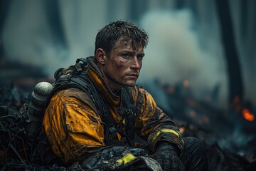 Fototapeta premium Exhausted firefighter resting in forest after battling wildfire, smoke and ash in aftermath of intense emergency response