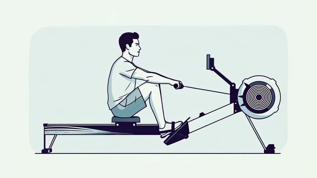 Animated Illustration of a Man Using a Rowing Machine for Fitness.