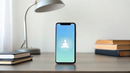 Smartphone displaying a meditation app on a desk with books and a lamp.