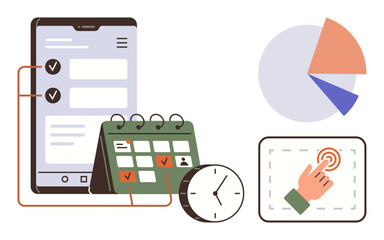 Mobile checklist linked to a calendar, clock, pie chart, and touchscreen interaction. Ideal for productivity, organization, efficiency, scheduling, planning analysis and user interface concept