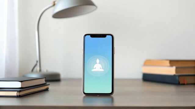 Smartphone displaying a meditation app on a desk with books and a lamp.