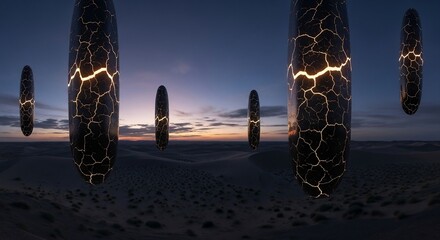 Abstract monoliths in desert landscape at dusk