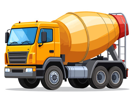A bright yellow concrete mixer truck on a white background, showcasing its industrial design and function
