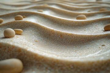 Closeup sand waves with smooth pebbles, abstract nature texture, calm desert landscape, tranquil coastal pattern, serene minimalist background