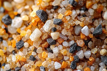 Colorful macro closeup of mixed sand grains featuring black, white, and amber quartz crystals in natural abstract texture
