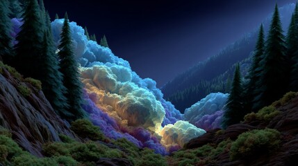 Ethereal mountain vista with vibrant, cloud-like formations and dark pine forest at night