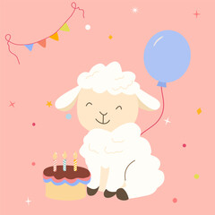 Vector clipart of cute lamb sitting by cake with three candles, balloon, and flags on light pink background. Perfect for kids birthday design