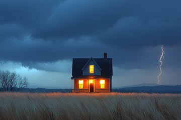 Lonely house with glowing windows in field during thunderstorm and lightning strike under dramatic dark clouds
