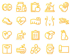 Simple set of fitness related vector line icons. Contains such icons as workout, sleep, diet plan, sports supplements, nutrition and more.