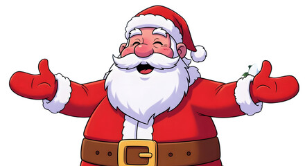 A cheerful cartoon illustration of santa claus with his arms open wide, isolated on a transparent background, conveying a sense of welcome and holiday spirit