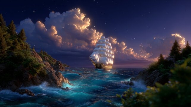 Majestic tall ship sails through dramatic twilight ocean with moonlit clouds and rugged coastline
