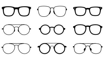 Collection of nine different styles of eyeglasses and spectacles in a grid layout