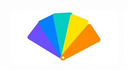 Colorful fan-shaped design with purple, blue, green, yellow, and orange segments on a white background.