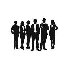 A group of six business professionals standing together in silhouette against a white background.