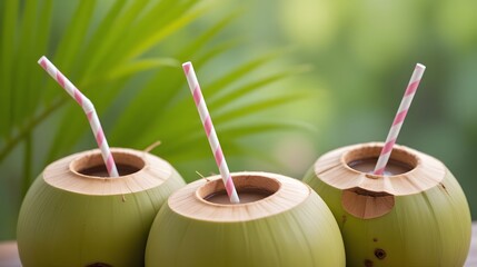 Refreshing tropical vibe with cool coconuts, perfect for summer promotions and vacation-themed designs, evoking island happiness and healthy hydration