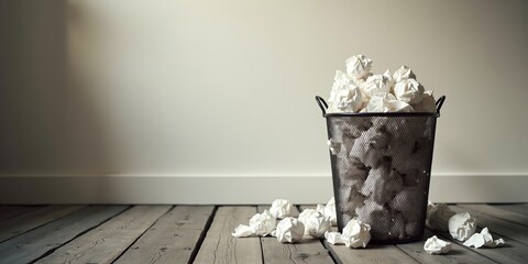 Creative block and trial and error concept with overflowing trash can of crumpled paper. Background with copy space.
