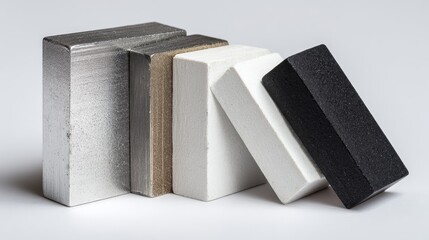 Set of rectangular and square ferrite magnetic bars in silver, black and white colors isolated on background. Product display, electronic components and technology concept.