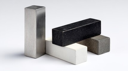 Set of rectangular and square ferrite magnetic bars in silver, black and white colors isolated on background. Product display, electronic components and technology concept.