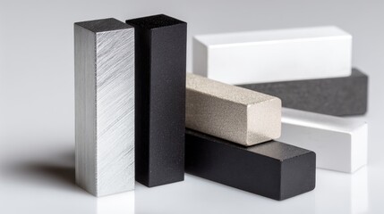Set of rectangular and square ferrite magnetic bars in silver, black and white colors isolated on background. Product display, electronic components and technology concept.
