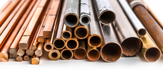 Assortment of steel, aluminum, copper pipes and wooden beams on white background. Construction materials, industrial supplies and metalworking inventory concept.