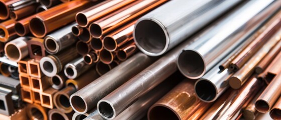 Assortment of steel, aluminum, copper pipes and wooden beams on white background. Construction materials, industrial supplies and metalworking inventory concept.