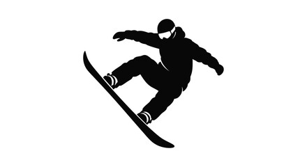 Dynamic silhouette of a snowboarder performing an aerial trick mid-jump on a white backdrop silhouette