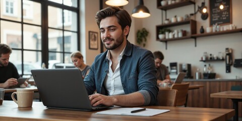 Fototapeta premium Digital Nomad Lifestyle - Remote Worker Using Laptop at Coffee Shop A remote worker, a digital nomad, is working