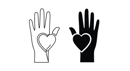 Obraz premium Two hands holding a heart symbol line art and silhouette diverse concepts - Line and glyph icon and logo - Vector icon symbol for website - Icon vector