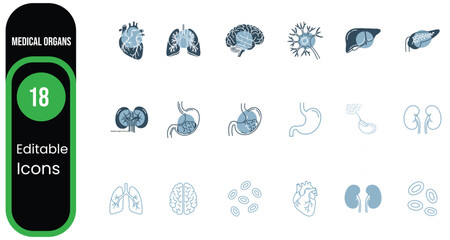 Collection of editable medical icons featuring human organs and body parts for healthcare and science