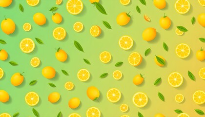 노란레몬과초록잎이있는반복패턴배경디자인