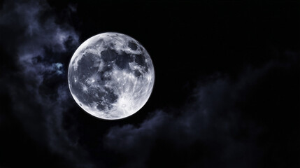 phase. Dramatic night sky featuring a full moon with subtle cloud details, evoking a serene celestial atmosphere. travel magazines, destination branding, designed for travel destination branding.
