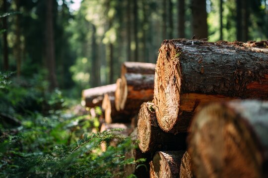 Wooden Logs Stacked in Forest Clearing: Natural Construction Materials Amidst Green Vegetation, Sunlit Scene Shot with Sony Alpha A7 III & Canon 24-70mm f/2.8 Lens, Long Exposure for Soft Lighting.