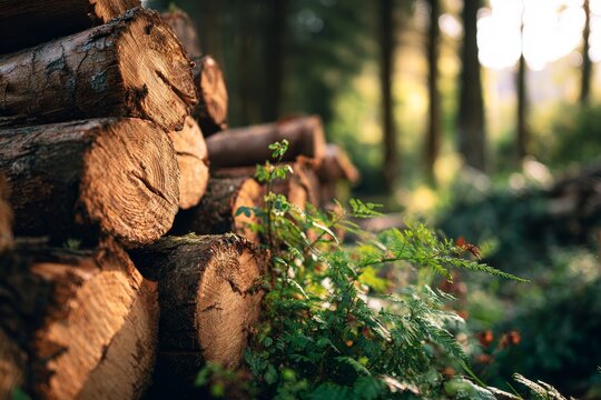 Wooden Logs Stacked in Forest Clearing: Natural Construction Materials Amidst Green Vegetation, Sunlit Scene Shot with Sony Alpha A7 III & Canon 24-70mm f/2.8 Lens, Long Exposure for Soft Lighting.